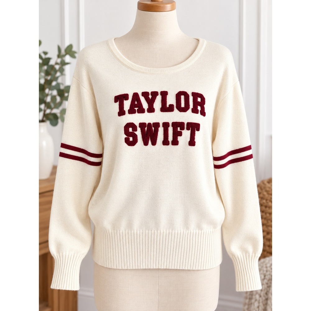 Taylor Swift Varsity Collegiate Sweater Burgundy Cream Pullover Women's Large